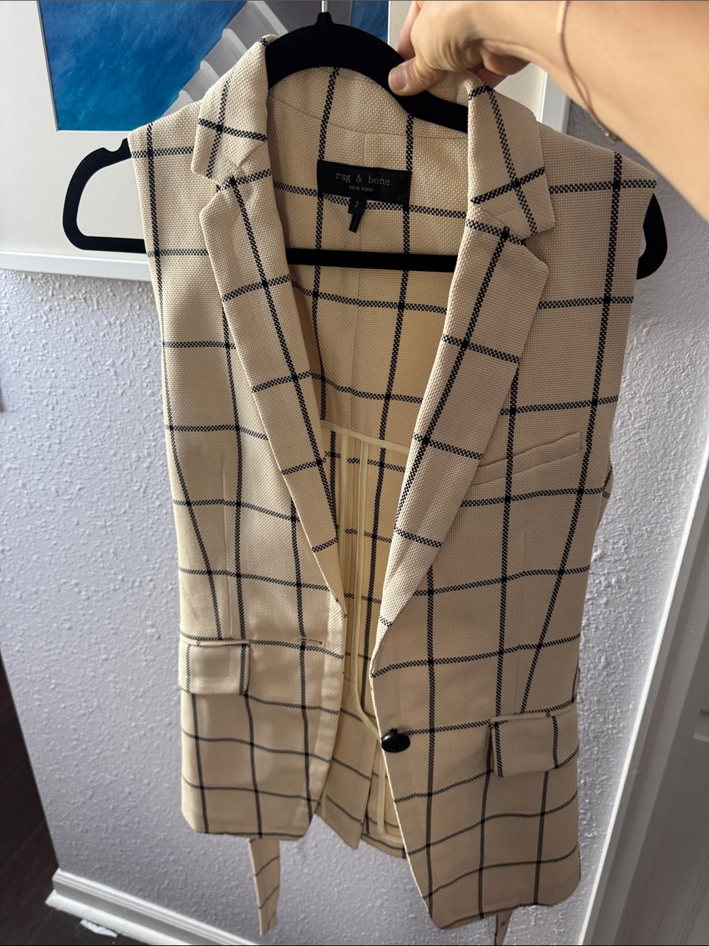 rag & bone Cream Windowpane Check Sleeveless Blazer Vest